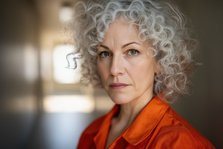 A striking portrait of a mature woman with stylishly curly gray hair, wearing an orange prison uniform and looking confidently into the camera.の素材