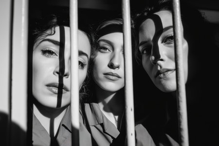 A classic, artistic black and white photo of three serious women looking out from behind the bars of a prison cell, their faces partially in shadow.の素材