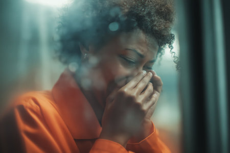 An emotional African American female intimate in an orange jumpsuit cries into her hands, seen through a glass partition, likely during a difficult family visit.の素材
