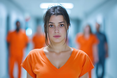 A strong and determined young woman in an orange prison uniform stands at the front of a blurred group of prisoners in a sterile, modern hallway.の素材