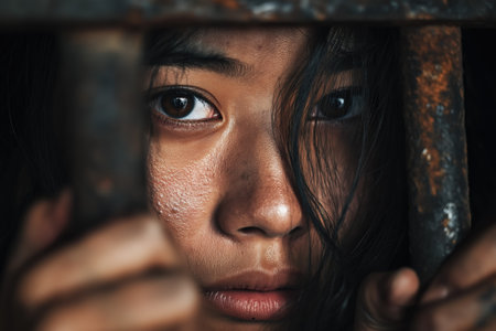 An emotional, gritty, close-up portrait of a young Asian woman's face, her eyes wide with fear as she looks from behind old, rusty jail cell bars.の素材