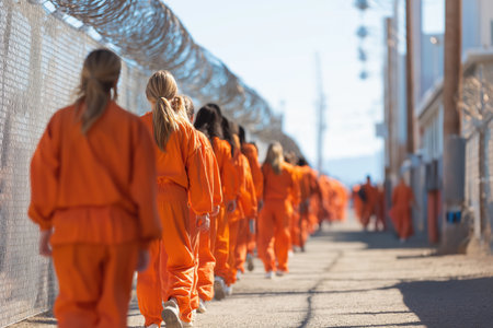 A line of female inmates in orange jumpsuits walks away from the camera in a prison yard, enclosed by a chain-link fence and barbed wire under a clear sky.の素材
