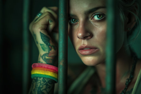 A close-up portrait of a beautiful, tattooed female prisoner looking up with a glimmer of hope in her eyes, leaning against the bars of her dark cell.の素材