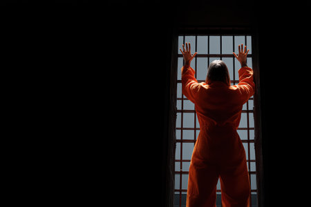 A dramatic silhouette of a woman in an orange jumpsuit, seen from behind, with her hands up on a large, barred window in a dark room, yearning for freedom.の素材