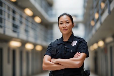 A professional and confident Asian woman in a police or prison guard uniform stands with her arms crossed inside a modern correctional facility.の素材