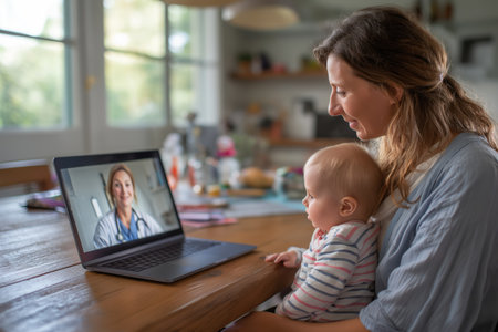 A mother and her infant daughter have a virtual appointment with a female doctor via laptop, showing the convenience of telehealth for routine check-ups.の素材