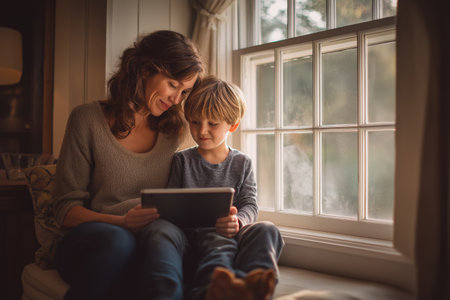 A mother and her young son sit by a window and look at a tablet together, possibly reading about symptoms before a telehealth consultation.の素材