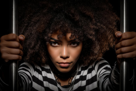 An intense, close-up portrait of a beautiful African American woman with a large afro, staring fiercely at the camera while gripping prison bars.の素材