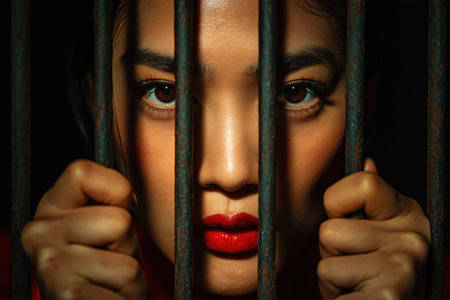 An intense and glamorous close-up portrait of a beautiful Asian woman with perfect makeup and red lips, gripping dark prison bars with a defiant look.の素材