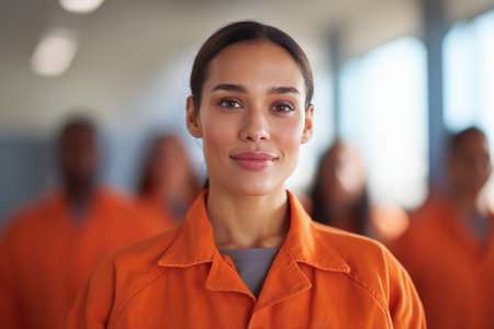A portrait of a beautiful and diverse young woman in an orange prison uniform, smiling gently with a hopeful and resilient expression in a bright setting.の素材