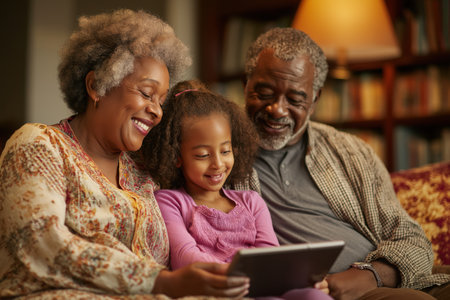 Smiling African American grandparents and their granddaughter use a digital tablet together, connecting with family or a doctor via a telehealth video call.の素材