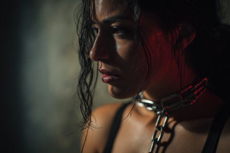 A dramatic side profile of a woman with hair and a metal chain around her wet neck, suggesting themes of captivity, control, and underground crime.の素材