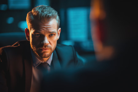 A focused male detective in a suit looks intently at a suspect during a late-night interrogation in a dark, atmospheric room with blue background light.の素材