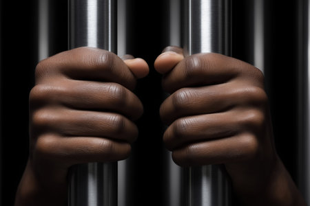 A powerful and dramatic close-up of a Black man's strong hands tightly gripping the cold, steel bars of a prison cell in darkness.の素材