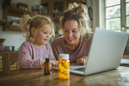 A smiling mother and her cute toddler girl look at a laptop next to medicine bottles, having a positive and successful telehealth consultation at home.の素材