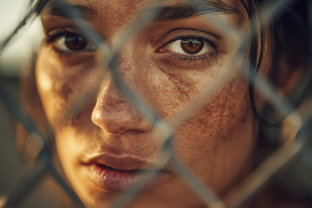 An extreme close-up of a woman's face with dirt smudges, her determined and intense eyes staring through the pattern of a chain-link fence.の素材