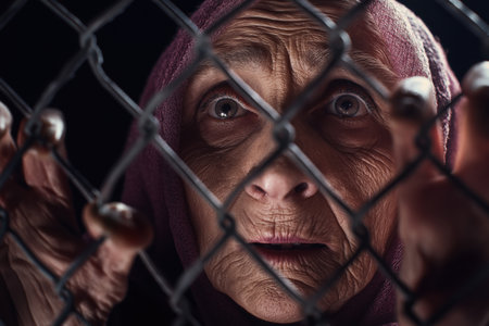 A close-up of a scared elderly woman in a headscarf, her wrinkled face showing extreme fear and desperation as she clings to a wire fence at night.の素材