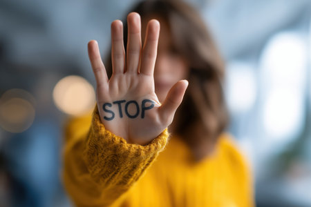 A young woman in a yellow sweater holds her hand up to the camera, showing the word STOP written on her palm as a powerful gesture of refusal and defense.の素材