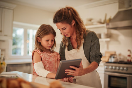 A mother in an apron helps her daughter with an injured arm use a tablet in the kitchen, likely for a telehealth follow-up with her orthopedic doctor.の素材