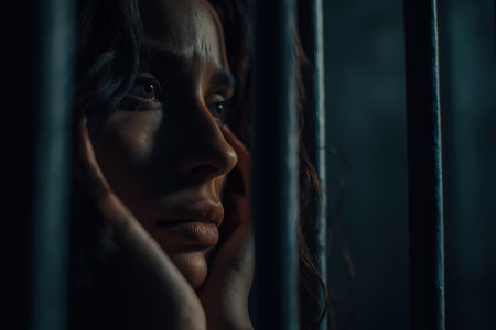 A beautiful, sad woman rests her head on her hands, looking out through prison bars with a thoughtful and melancholic expression in a dimly lit cell.の素材