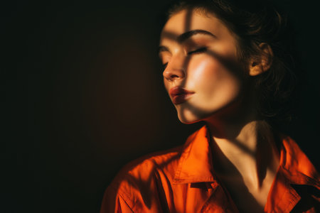 A beautiful woman in an orange prison jumpsuit peacefully closes her eyes, her face partially covered by a shadow from a barred window, feeling the sunlight.の素材