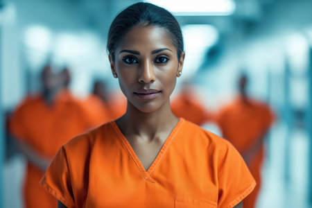 A beautiful African American woman in an orange prison uniform looks directly at the camera with a calm, steady gaze, standing in a modern prison.の素材