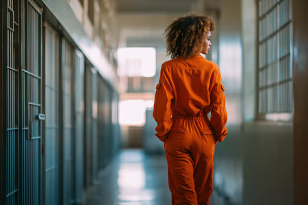 A thoughtful African American woman with curly hair, wearing an orange prison jumpsuit, walks down a long, sunlit corridor lined with cells.の素材