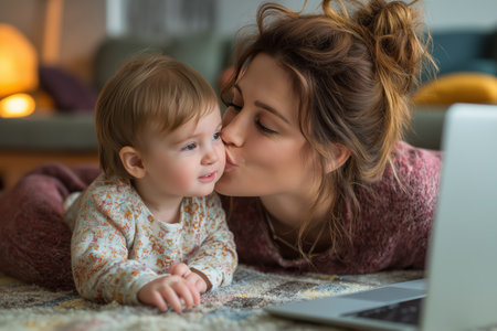 A mother lovingly kisses her adorable toddler girl on the cheek while lying on the floor, both looking at a laptop during a warm and caring telehealth session.の素材