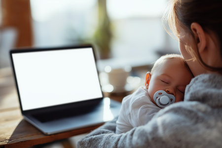 A mother holds her sleeping baby while sitting at a desk with a laptop showing a blank screen, representing the balance of work, childcare, and telehealth.の素材