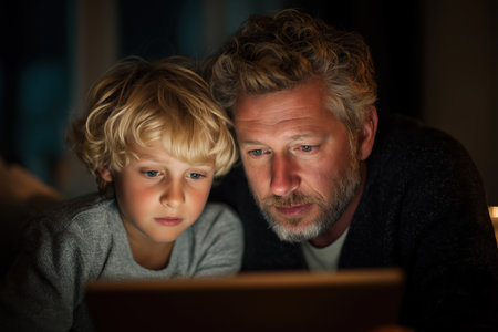 A concerned father and his young blond son look at a tablet screen together in a dimly lit room, likely for a late-night children's telehealth consult.の素材