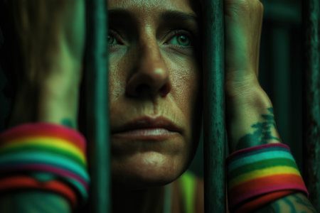 A close-up of a distressed inmate with tattoos and rainbow-colored bracelets, clinging to prison bars and looking up with a look of hopeless despair.の素材