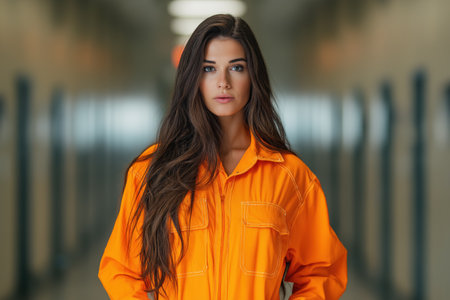 A beautiful young woman with long, dark hair, wearing an orange prison jumpsuit, stands confidently in a blurred hallway, looking directly at the camera.の素材