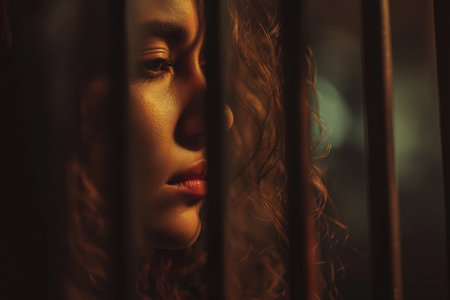 A dramatic close-up profile of a woman's face behind bars, her skin glowing in warm light, suggesting a moment of quiet reflection in confinement.の素材