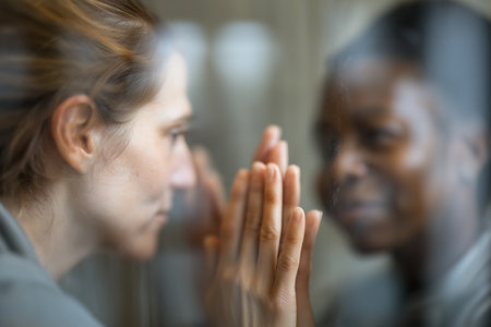 A female inmate and her visitor press their hands together against the glass partition in a prison visiting room, sharing an emotional and supportive moment.の素材
