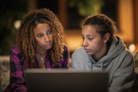 Two young sisters sit together at night, looking intently at a laptop screen, possibly during a telehealth appointment about a health concern.の素材