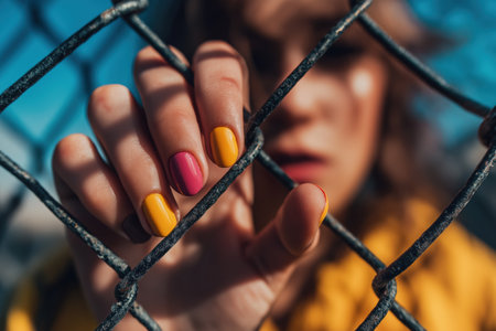 A close-up of a woman's hand with bright, multi-colored nail polish, clinging to a chain-link fence, with her blurred, somber face in the background.の素材