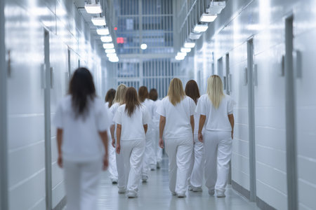 A group of female prisoners, seen from behind in white uniforms, walks down a long, sterile, brightly-lit corridor of a modern correctional facility.の素材