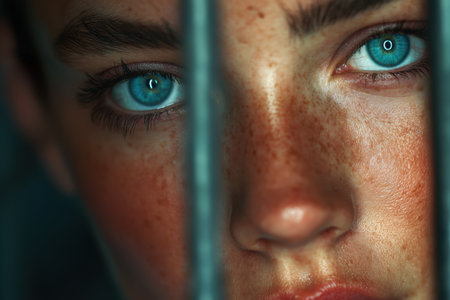 An artistic macro photograph focusing on the stunning, detailed blue eyes of a freckled woman, with a single blurred prison bar dividing her face.の素材