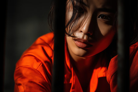 A moody and cinematic portrait of a beautiful, sad Asian woman in an orange jumpsuit, her face partially lit by dramatic light filtering through prison bars.の素材
