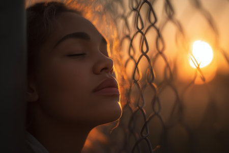 A peaceful and hopeful portrait of a young African American woman leaning against a chain-link fence with her eyes closed, basking in the warm glow of sunset.の素材