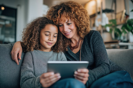 A loving mother and her daughter sit closely on a couch, smiling as they use a digital tablet for a telehealth appointment or educational program.の素材