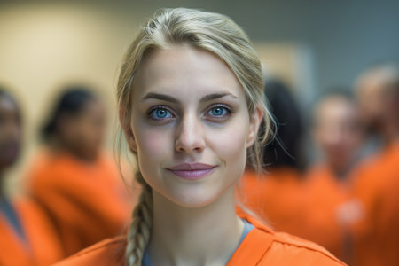 A friendly and hopeful close-up portrait of a beautiful young blonde intimate with a side braid, smiling gently at the camera with a group blurred behind her.の素材