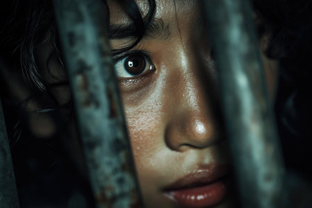 A haunting close-up of a wide, terrified eye belonging to a young person, looking with fear and vulnerability from behind the blurred bars of a dark cell.の素材