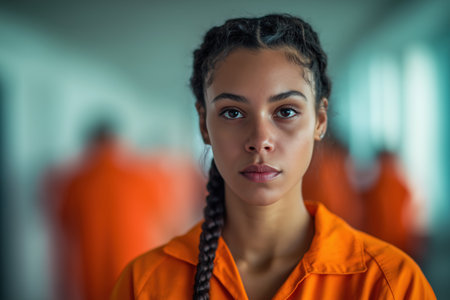 A compelling portrait of a young African American woman with braided hair, wearing an orange prison uniform and looking at the camera with a calm, serious expression.の素材