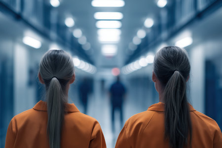 The back view of two female prisoners with identical graying ponytails, wearing orange jumpsuits and standing in a long, sterile institutional corridor.の素材