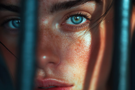 A beautiful, artistic close-up of a woman's face with freckles and striking blue eyes, with a blurred vertical bar creating a division and sense of captivity.の素材