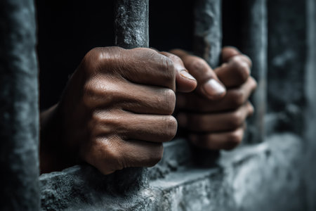 A powerful, textured, close-up shot of dark-skinned hands tightly gripping old, weathered, and cold stone or metal prison bars, showing desperation.の素材