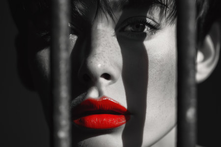 A high-contrast monochrome artistic photo of a person's face with bold red lips, dramatically divided by the dark shadow of a prison bar over their nose.の素材