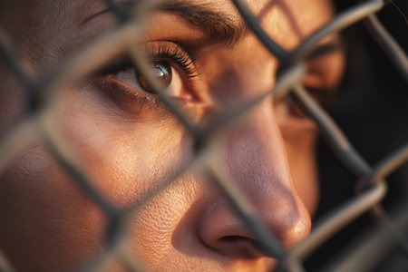 A macro shot of a woman's eye, with long lashes, looking through a chain-link fence, with the warm, beautiful light of the setting sun reflected in it.の素材