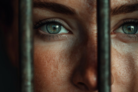 An extreme close-up of a female prisoner's piercing blue eyes, staring with a mix of defiance and sadness from behind dark, vertical prison bars.の素材